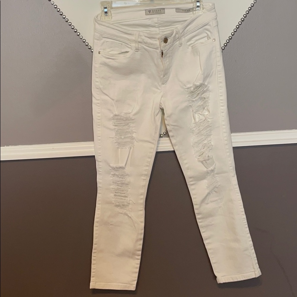 Guess crop mid rise white skinny ripped jeans sz28